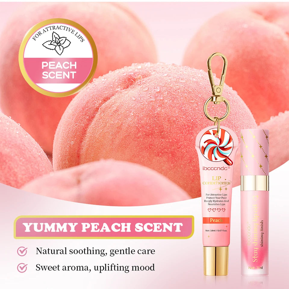 Lip Glosses Set Lip Gloss Combo with Keychain Peach Fragrance Moisturizing Plumping Lip Makeup Christmas Present