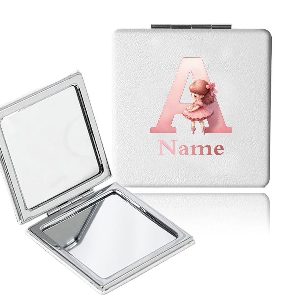 Customized Name PU Handheld Makeup Mirror Cover Dressing Double-Sided Portable Foldable Pocket Cosmetic Mirror