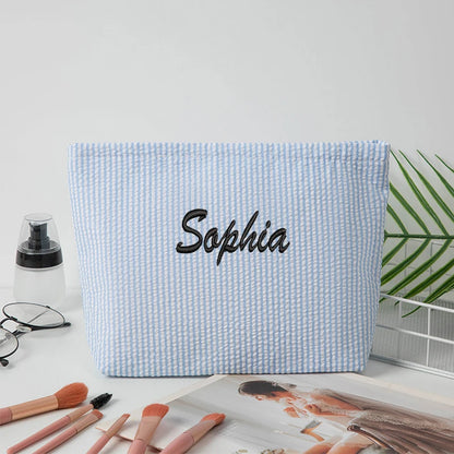 Customised Embroidery/Standard Style 2 Options, Bubble Gauze Striped Makeup Bag, Storage Pouch, Back-to-School Season