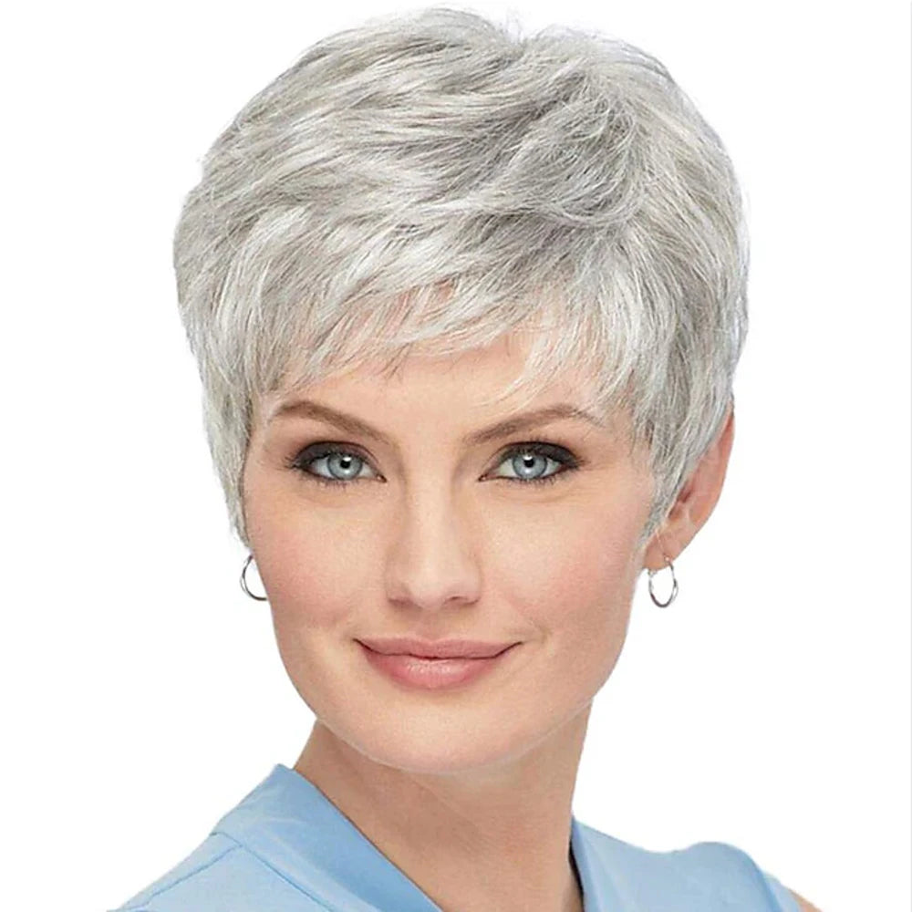 HAIRJOY Synthetic Short Grey Wigs for White Women Mixed Gray Silver Curly  Wigs with Bangs Grandma  Short Hair Wigs