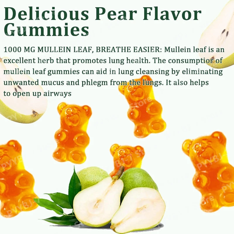 Mullein Lung Support Gummies Respiratory Health Pear Flavor Lung Health Sinus Relief Immune Boost Supplement 60 Count