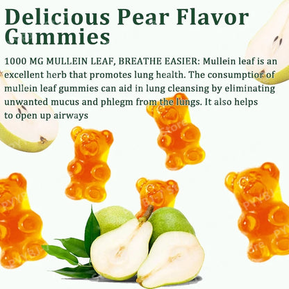 Mullein Lung Support Gummies Respiratory Health Pear Flavor Lung Health Sinus Relief Immune Boost Supplement 60 Count