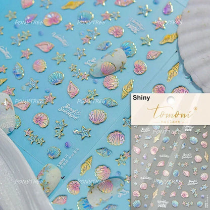 Gold Stamped Shell Conch Scallop Starfish Pearl 5D Embossed Self Adhesive Nail Art Stickers Delicate Ocean Style Manicure Decals