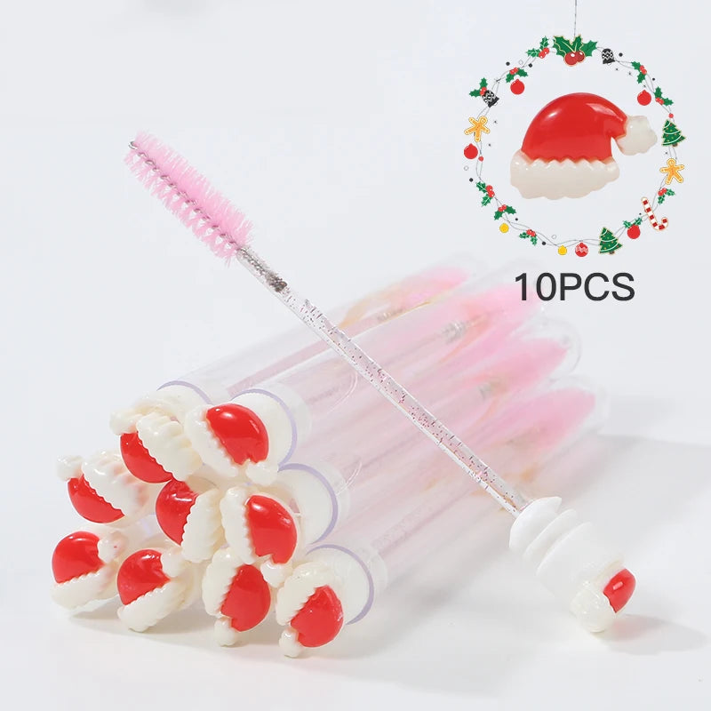 10Pcs Christmas Eyelash Brushes Set Santa Mascara Wand with Case Spoolie Eyebrow Comb Festive Makeup Tool Xmas Gift for Women