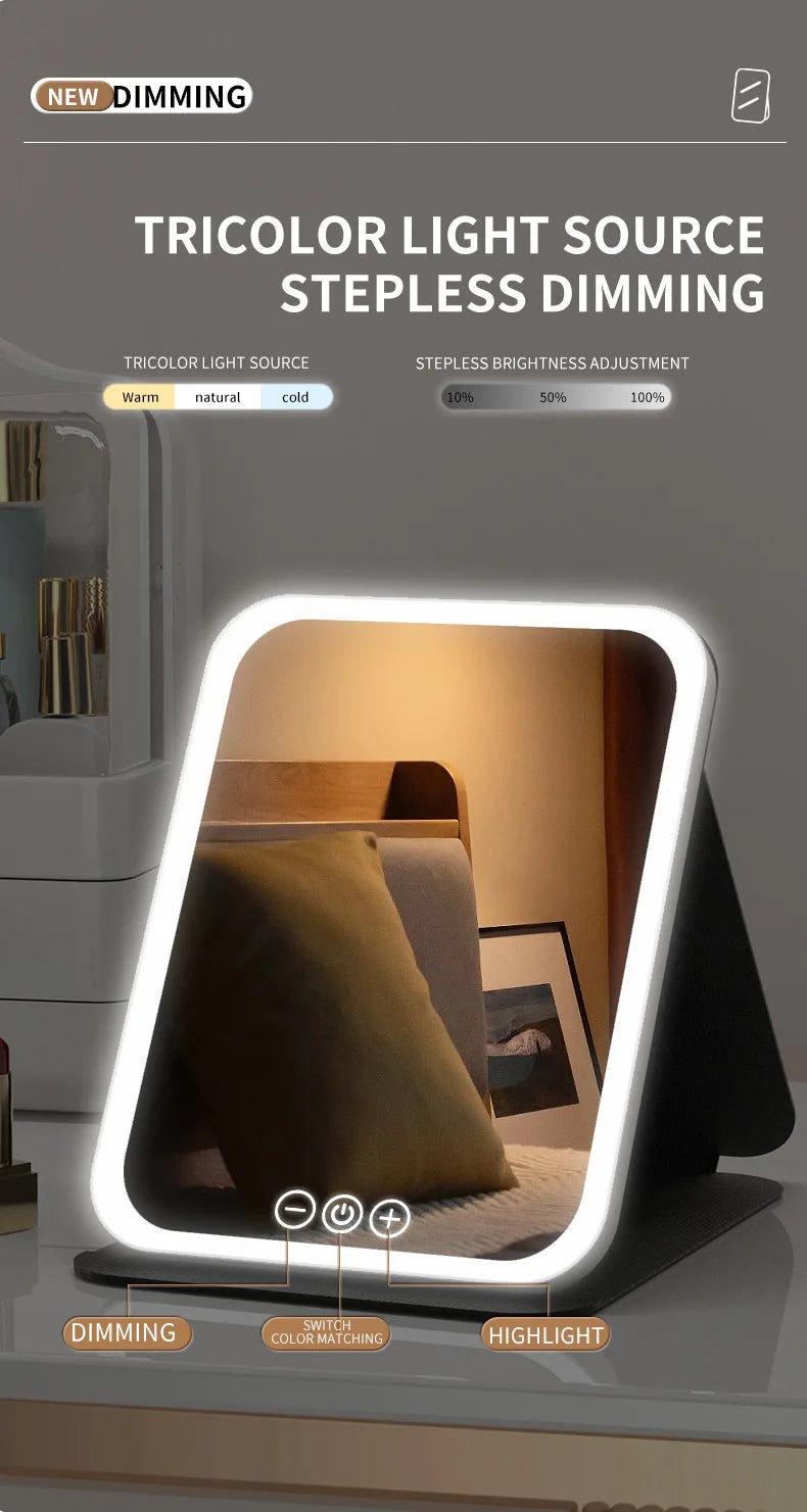 Makeup Mirror LED Dimmable Portable Foldable Design with Touch Screen 3 Colors Light Stepless USB Charging for Beauty Fashion