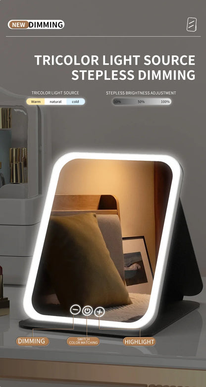 Makeup Mirror LED Dimmable Portable Foldable Design with Touch Screen 3 Colors Light Stepless USB Charging for Beauty Fashion