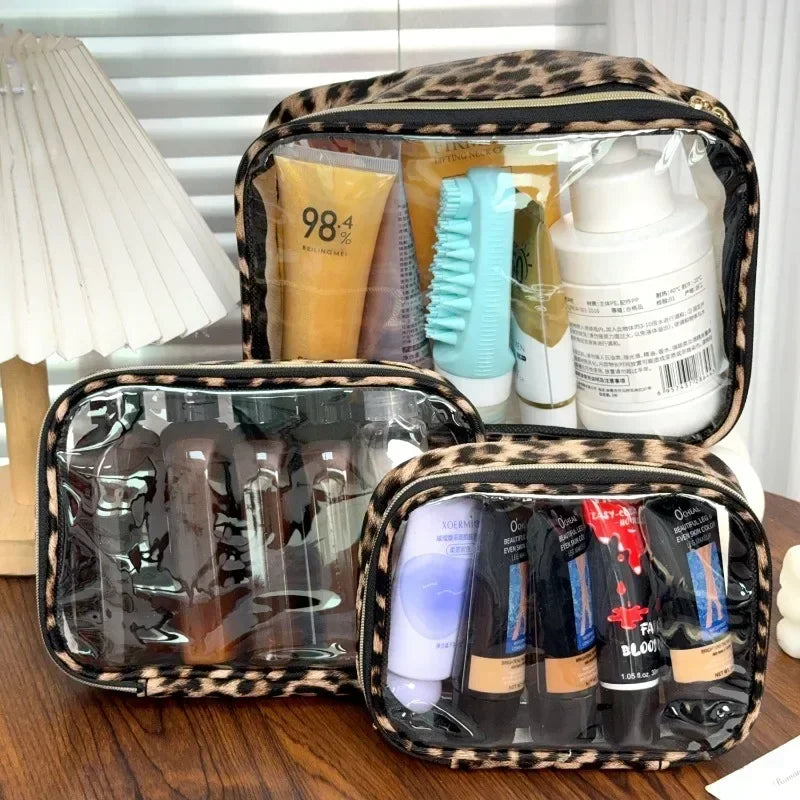 Transparent Leopard Print Clear Makeup Bag Large Capacity Travel Make Up Cosmetic Organizer Zipper Waterproof Cosmetic Bag