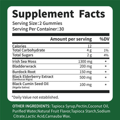 Sea Moss Gummies, Irish Sea Moss with Bladderwrack Burdock Root Elderberry & Black Cumin Seed Oil, Dietary Supplement, Immune System Support, 60 Gummies