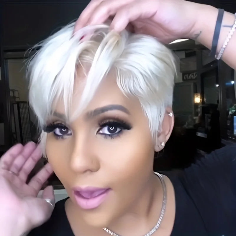Short Synthetic Pixie Wigs Pixie Cut Short White Wavy Wigs Layered Short Synthetic Hair Wigs For Women