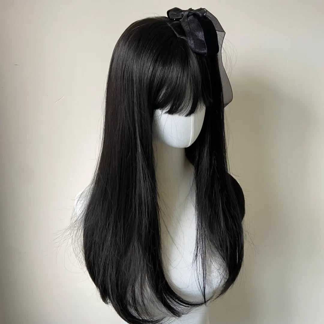 Black Wig with Bangs Long Straight Synthetic Wigs for Women 24inch Lolita Cute Natural High Temperature Fibers for Daily Use 가발