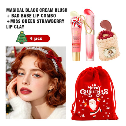 Christmas Limited 2‑in‑1 Lip Gift Set Strawberry Cake Mousse Matte Lip Mud Santa Red Velvet Pouch Lip Balm Lip Oil 7 Shades