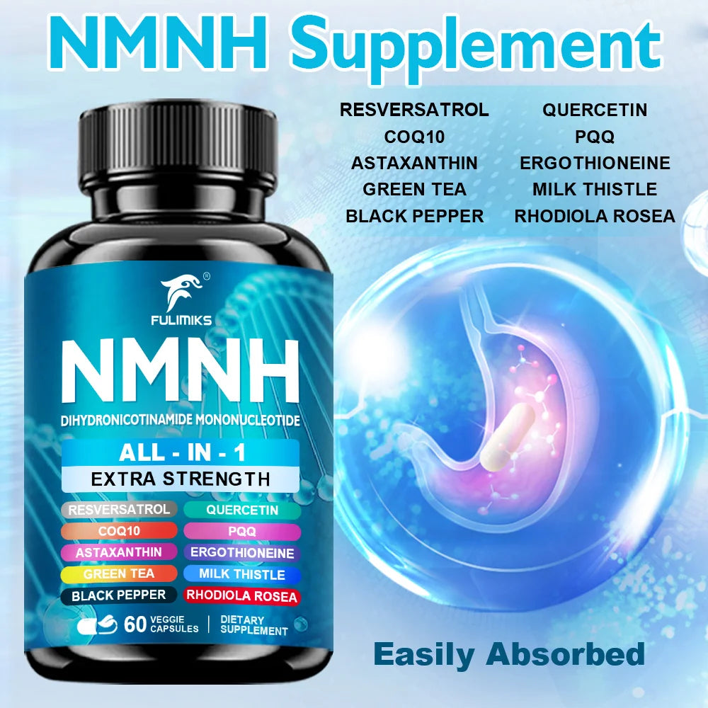 NMNH Supplement Capsules, NAD+ Booster, All-In-1, lmmune System, Energy, 60 Pills - Suitable for Men & Women - Daily Supplement