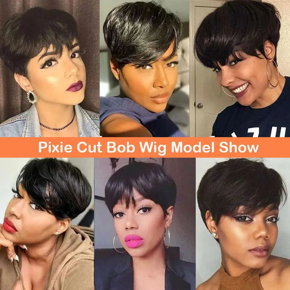 PIxie Cut Wigs for Black Women Human Hair Short Bob Wig Human Hair Wigs with Bangs Layered Style Bob Wigs for Women Machine