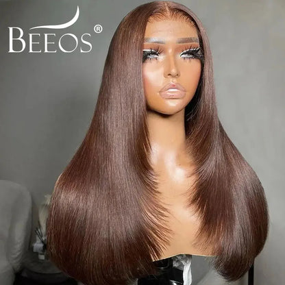 Layered Cut Bone Straight Chocolate Brown 13X6 HD Lace Full Frontal Wigs Human Hair Pre Plucked Colored Brazilian Hair For Women