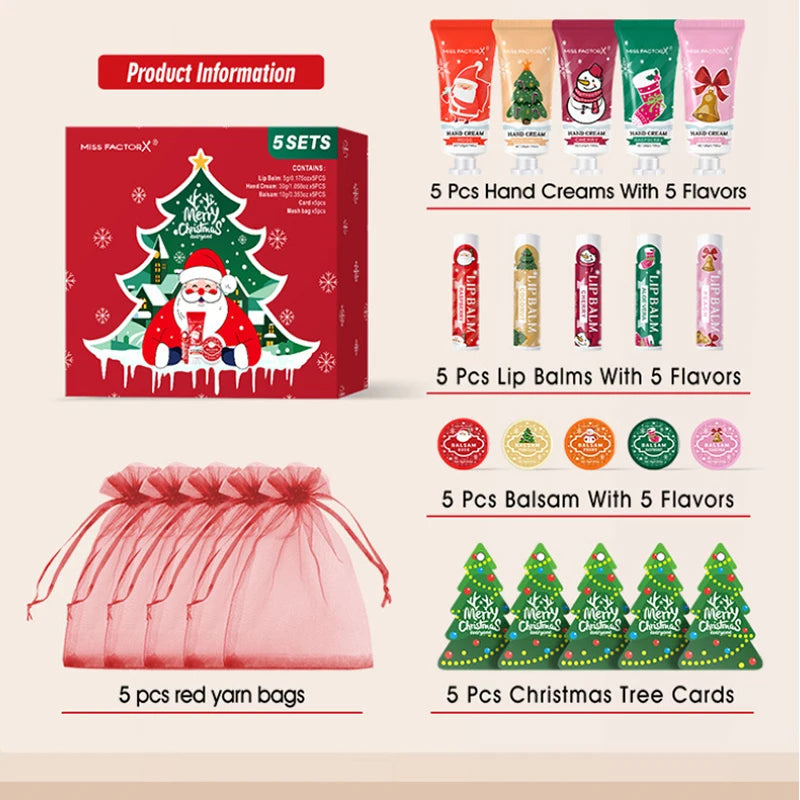 Christmas Gift Set 5sets Hand Cream Lip Balm Solid Perfume Balm Christmas Pouches And Cards Diy Christmas Gift