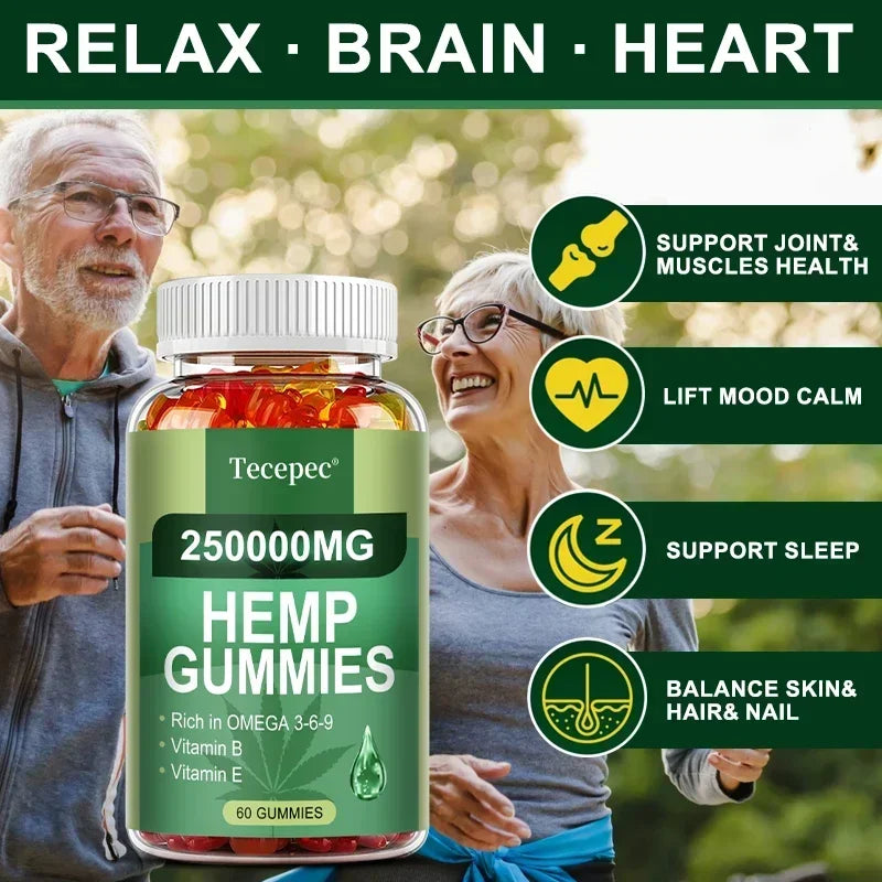 Contains Omega 3-6-9 Vitamin B, E Gummies - Stress Relief, Sleep, Mood, Skin, Nails, Focus, Joint Support, Non-GMO Supplement