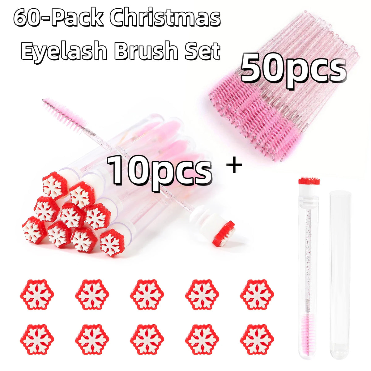 60Pcs Christmas Eyelash Brush with Tube Replaceable Mascara Wand Spoolie Dustproof Lash Tech Supplies Reusable Eyebrow Xmas Gift