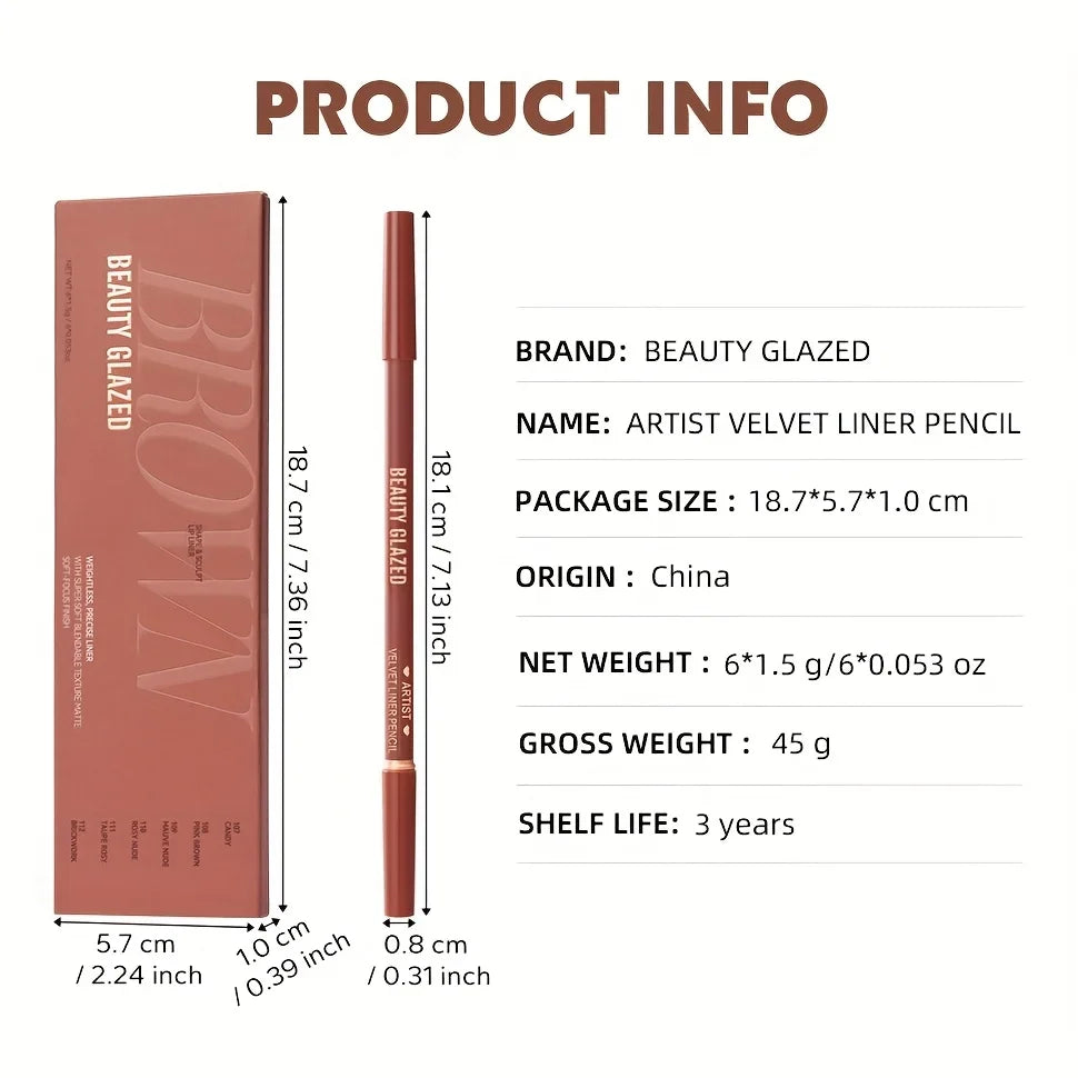 Beauty Glazed 6pcs Matte Nude Sponge Lip Liner Set  Long-Lasting Silky Waterproof Texture Multi-Function Makeup Pens