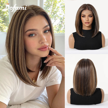 13x6 HD Transparent Lace Front Bob Wig 12" Short Straight Highlight Brown Blonde Synthetic Wigs for Women Glueless Pre Plucked