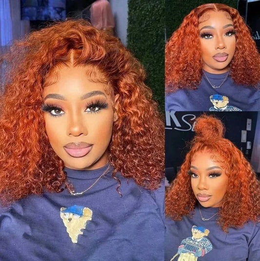 100% Human Hair Ginger Brown Bob Wig 220 Density Transparent Deep Wave 13x4 Lace Frontal Wigs Highlight Curly Short Bob Wig