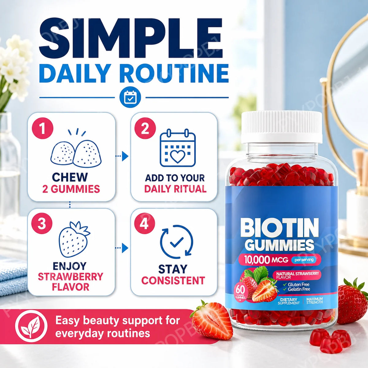 Biotin Gummies 10000 Mcg Hair Skin Nails Support, Vitamin B7 Beauty Supplement, Gluten Free Vegan Non-GMO Strawberry, 60 Gummies