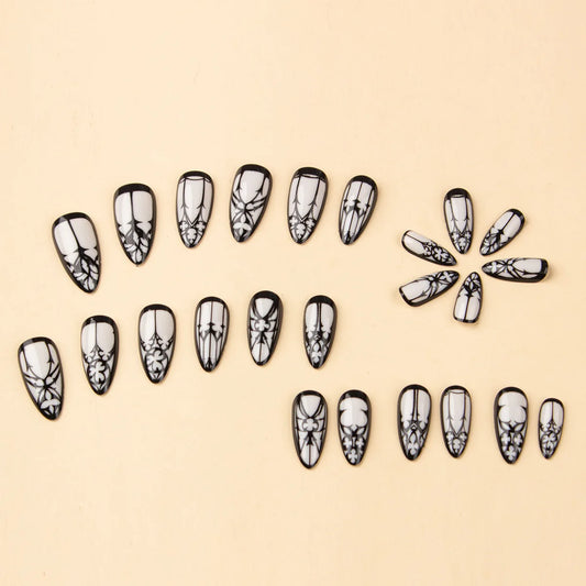 24 Pcs Gothic Fake Nails Almond Long Press On Nails White Glossy Reusable False Nail Jelly Tabs Halloween For Girls Stick On