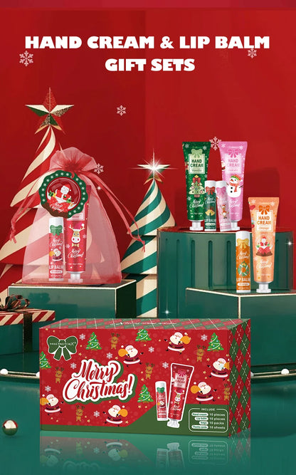 Christmas kit-10 sets/box hand cream kit, lip balm set, with Santa Card and red gift bag, party gift distribution