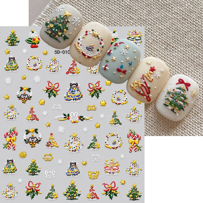1pcs Gold-foiled Christmas Tree 5D Nail Stickers Bow Holly Snowflake Wreath Christmas Nail Decals Cartoon Merry Christmas Decora