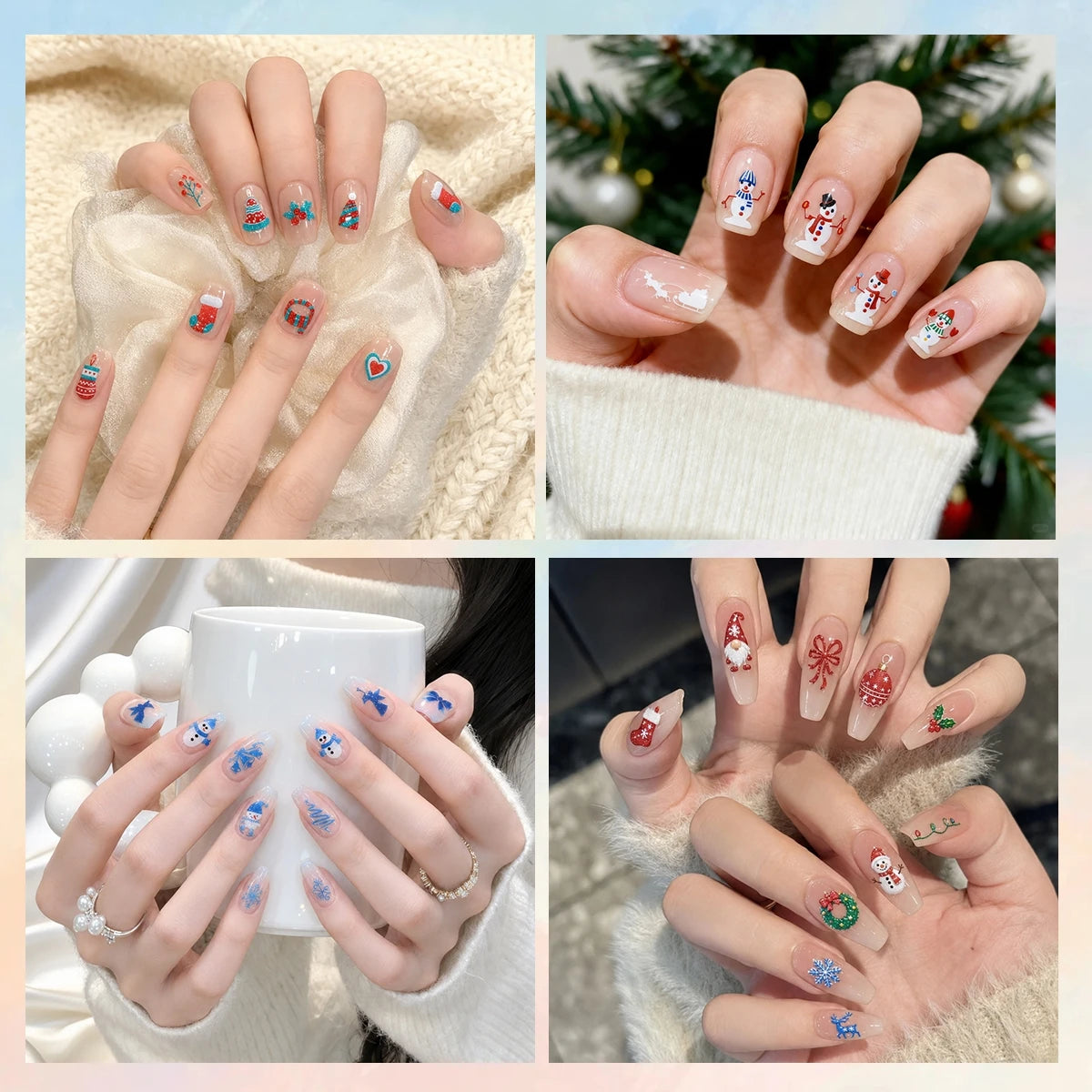 3 to 12 Sheets 3D Christmas Santa Snowman Reindeer Tree Snowflake Lights Gnome Self-Adhesive Nail Art Stickers