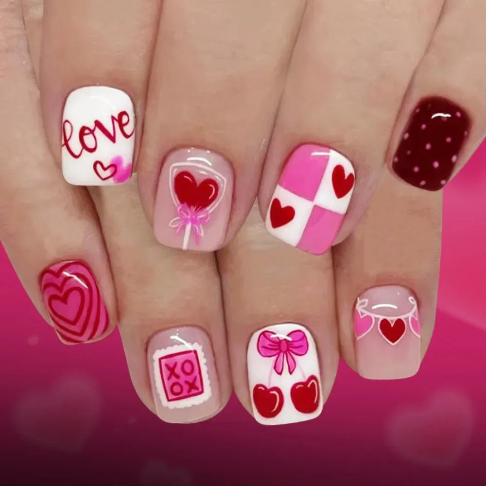 Christmas Press on Nails Short Square False Nails Snowflake Full Cover Glue on Nail Claret Gold Design Acrylic Fake Nails Winte