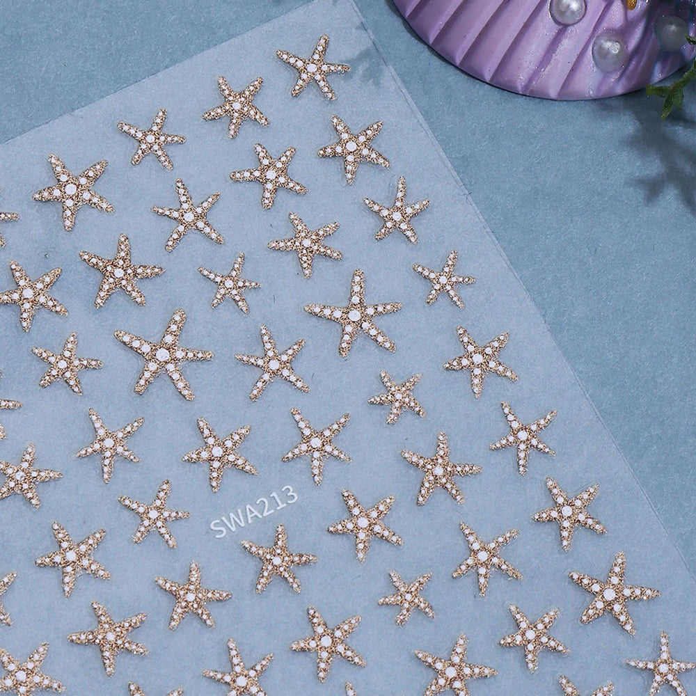 2pcs Summer Sea Star Nail Art Stickers Gold Silver Glitter Shell Starfish Nail Decals for DIY Manicure Soap Nail Decorations