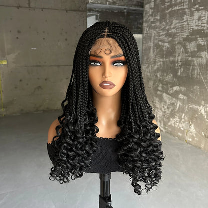 Synthetic Braided Wigs Lace Closure Wigs Curly Ends Box Braided 4x4 Lace Wig with Baby Hair for Black Women Afro Braiding Wigs