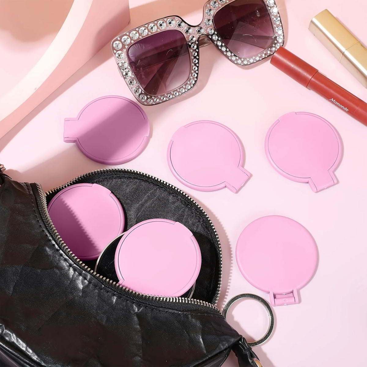 20/50pcs Pink Black Portable Mini Folding Makeup Mirrors - Women's Travel Daily Grooming Mirror, Durable Plastic Frame