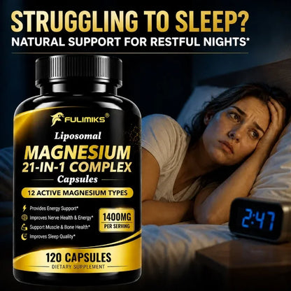 Magnesium 21-in-1 Capsules L-Theanine Ashwagandha CoQ10 B6 B12 D3 C Zinc, Support Nerve Relieve Stress Sleep Muscle Bone Health