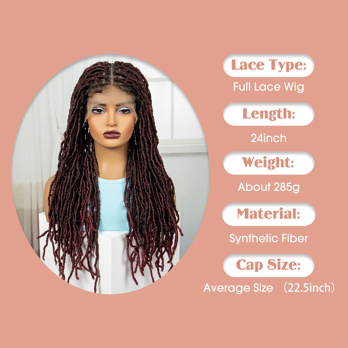 24Inch Full Lace Locs Braided Wigs with Baby Hair Lace Frontal Synthetic Braids Wigs for Black Women Natural HD Lace Braids Wigs