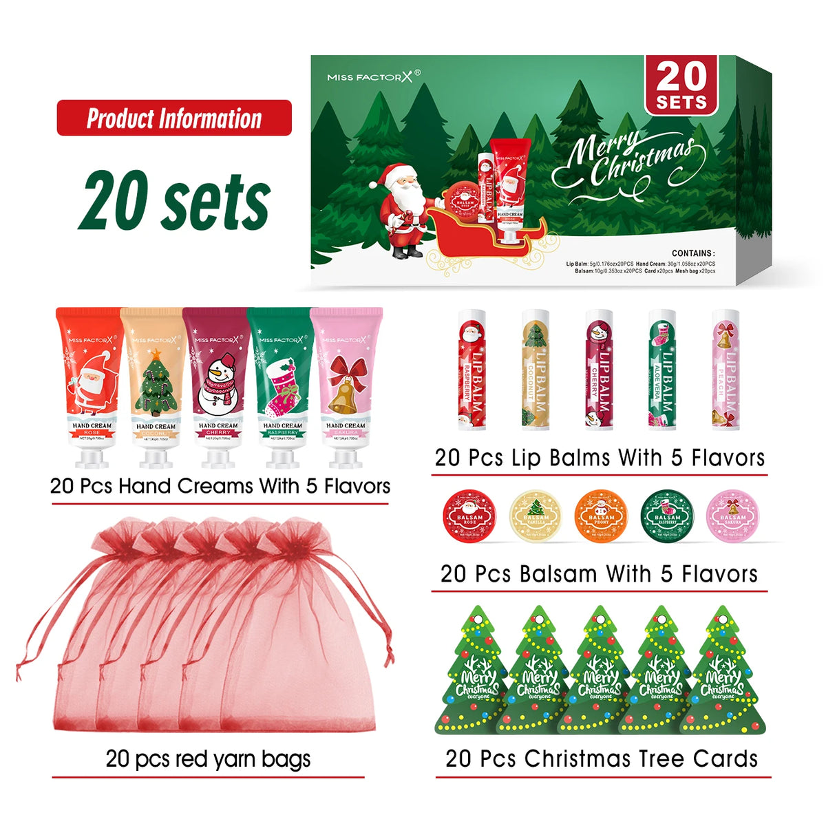 Christmas Assembly Gift Set - 20 Sets, Including Balm, Hand Cream, Lipstick, Red Gauze Bag, Christmas Tree Thank You Card
