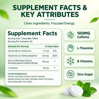Energy & Focus Gum Extra Chewable Tablets with Natural Caffeine, L-Theanine, Vitamin B6 and B12, Sugar Free, 90 Pieces