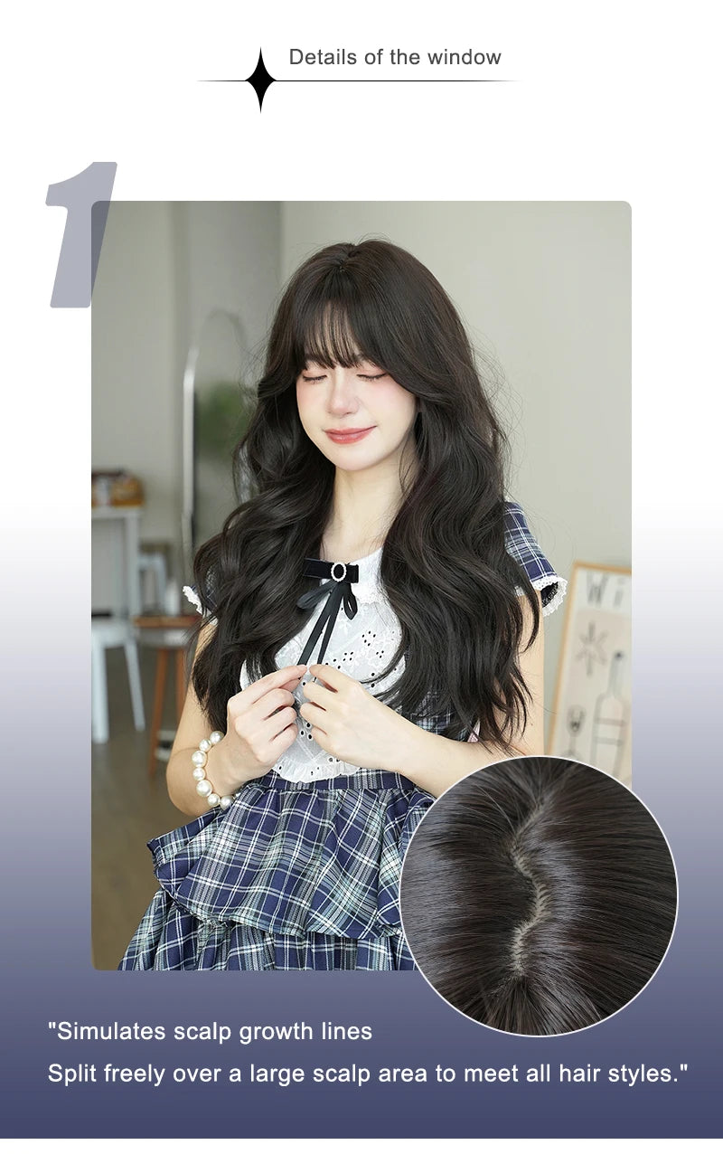 NAMM Costume Wig Synthetic Body Wavy Dark Brown Wig For Women Daily Use High Density Layered Hair Wigs With Fluffy Bangs