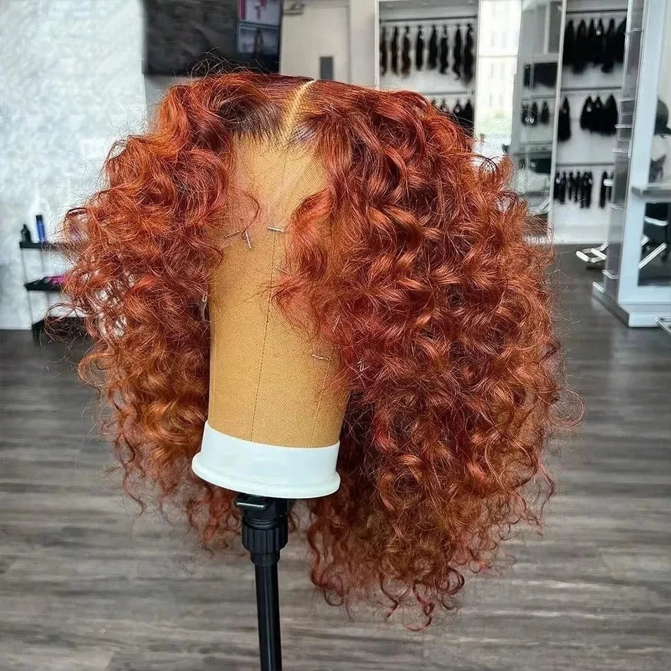 220 Density Ginger Brown Bob Wig 100% Human Hair Transparent  Deep Wave 13x4 Lace Frontal Wigs Highlight Curly Short Bob Wig