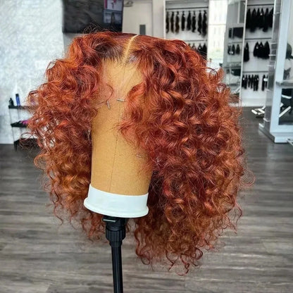 220 Density Ginger Brown Bob Wig 100% Human Hair Transparent  Deep Wave 13x4 Lace Frontal Wigs Highlight Curly Short Bob Wig
