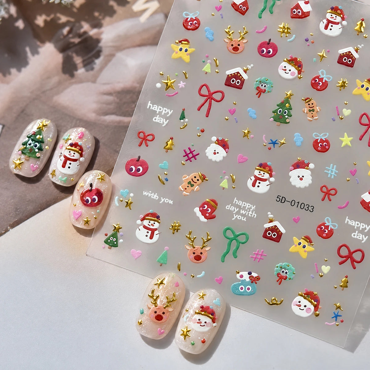 1pcs Gold-foiled Christmas Tree 5D Nail Stickers Bow Holly Snowflake Wreath Christmas Nail Decals Cartoon Merry Christmas Decora