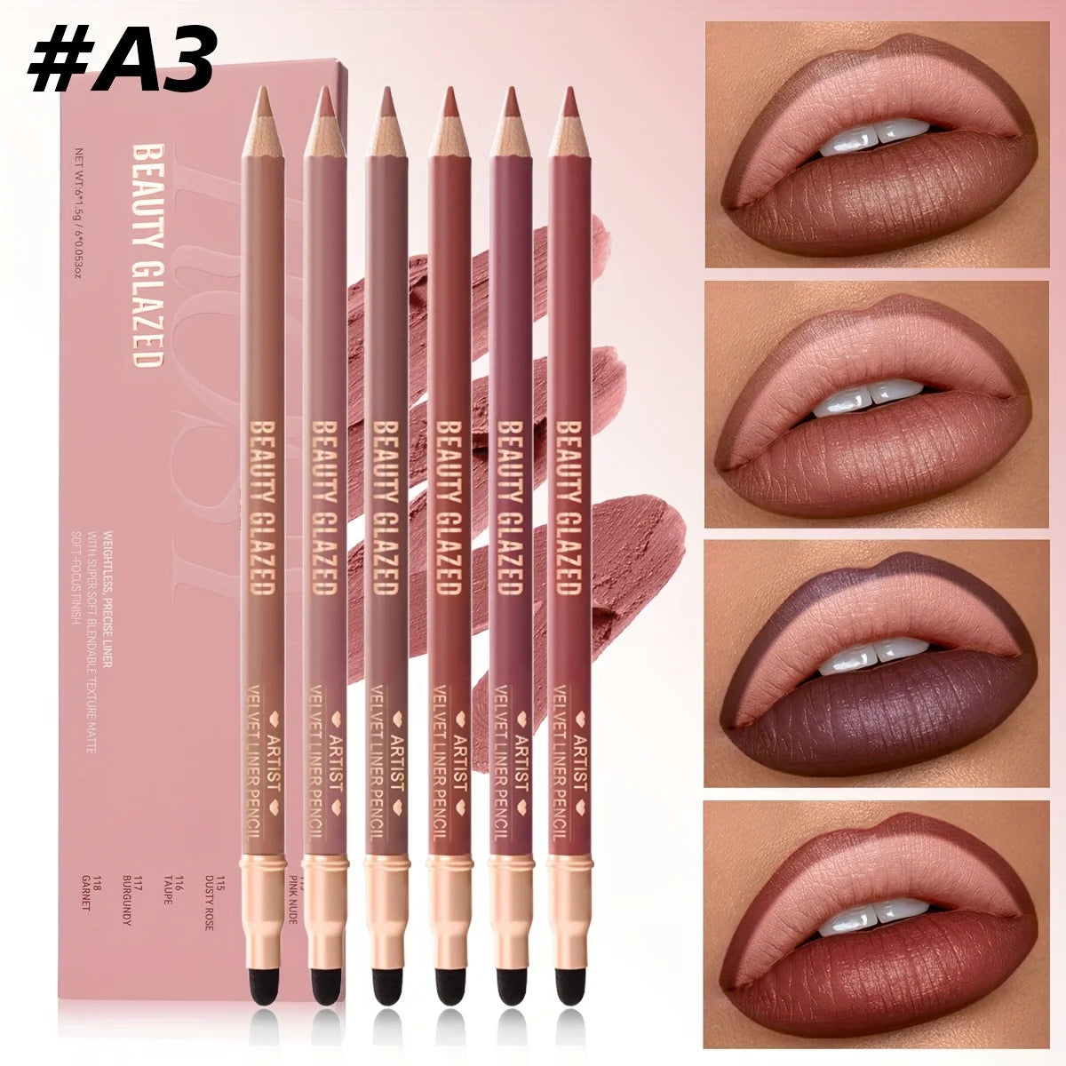 Beauty Glazed 6pcs Matte Nude Sponge Lip Liner Set  Long-Lasting Silky Waterproof Texture Multi-Function Makeup Pens