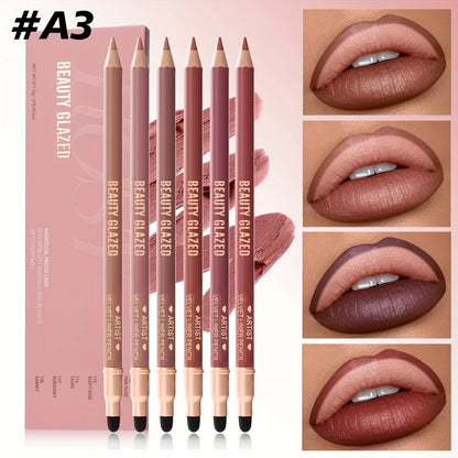 Beauty Glazed 6pcs Matte Nude Sponge Lip Liner Set  Long-Lasting Silky Waterproof Texture Multi-Function Makeup Pens