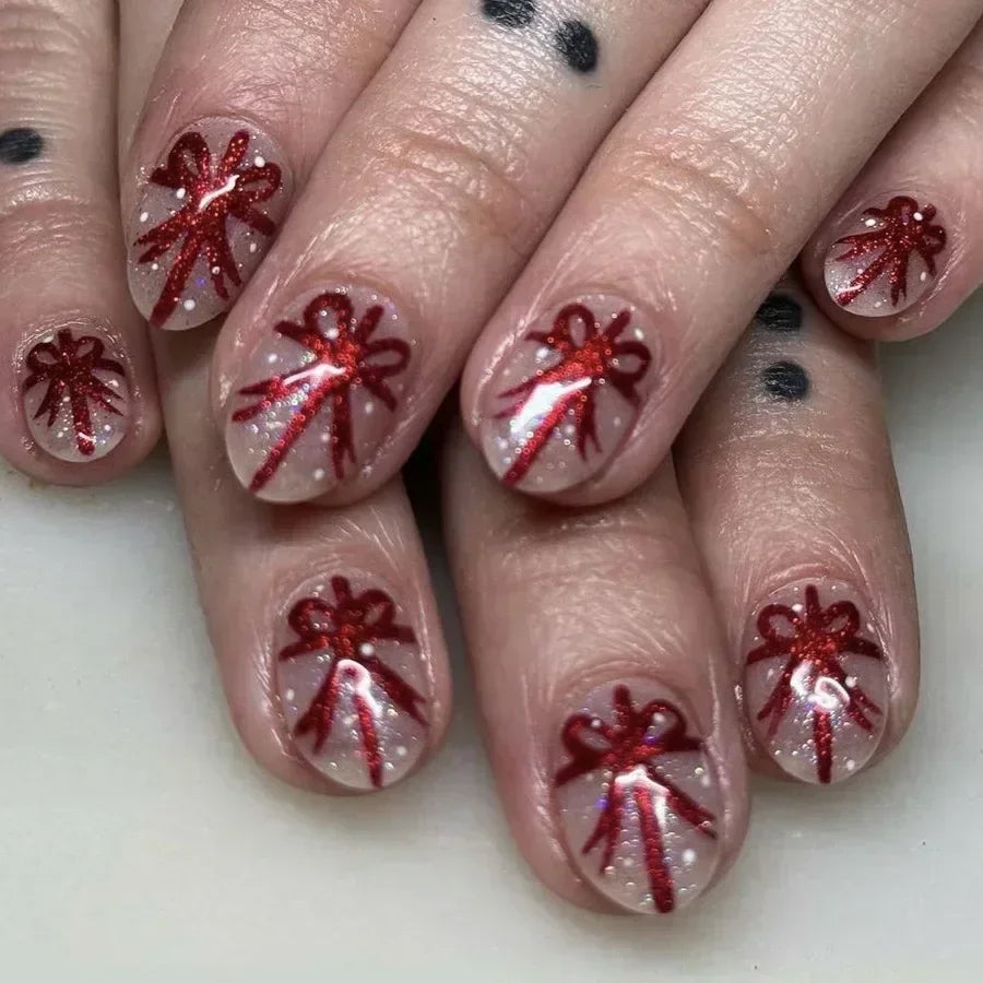24Pcs Short Oval Press-On Nails - Cute Gingerbread & Candy Cane Christmas Designs, Perfect for Holiday Parties for Women&Girls