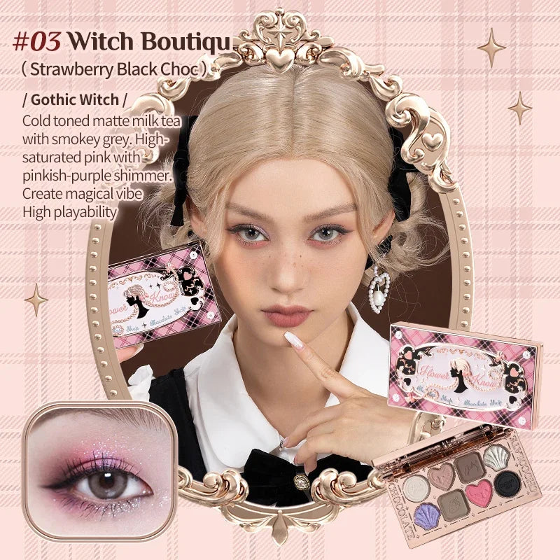 Flower Knows Makeup Eyeshadow Chocolate Wonder-Shop Glitter Matte Eye Shadow Palette 8-Color Eye Vegan Makeup Cosmetics