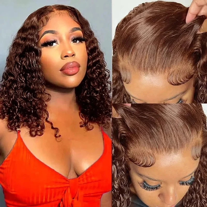 Chocolate Brown 200% Density Deep Curly 13x4 Lace Frontal Bob Wig Water Wavy Human Hair Wigs Pre Plucked Virgin Wet And Hair #4