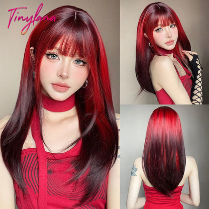 Dark Brown Black Synthetic Wigs Long Straight Layered Wig with Bangs Cosplay Party for Women Afro Natural Heat Resistant Hair