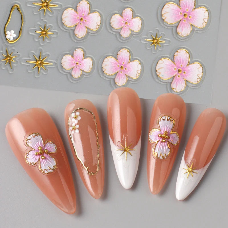 5D Floral Embossed Nail Stickers Bronzing Hibiscus Flower Petals Star Frame Elegant Nail Art Decals for Spring Summer Decor