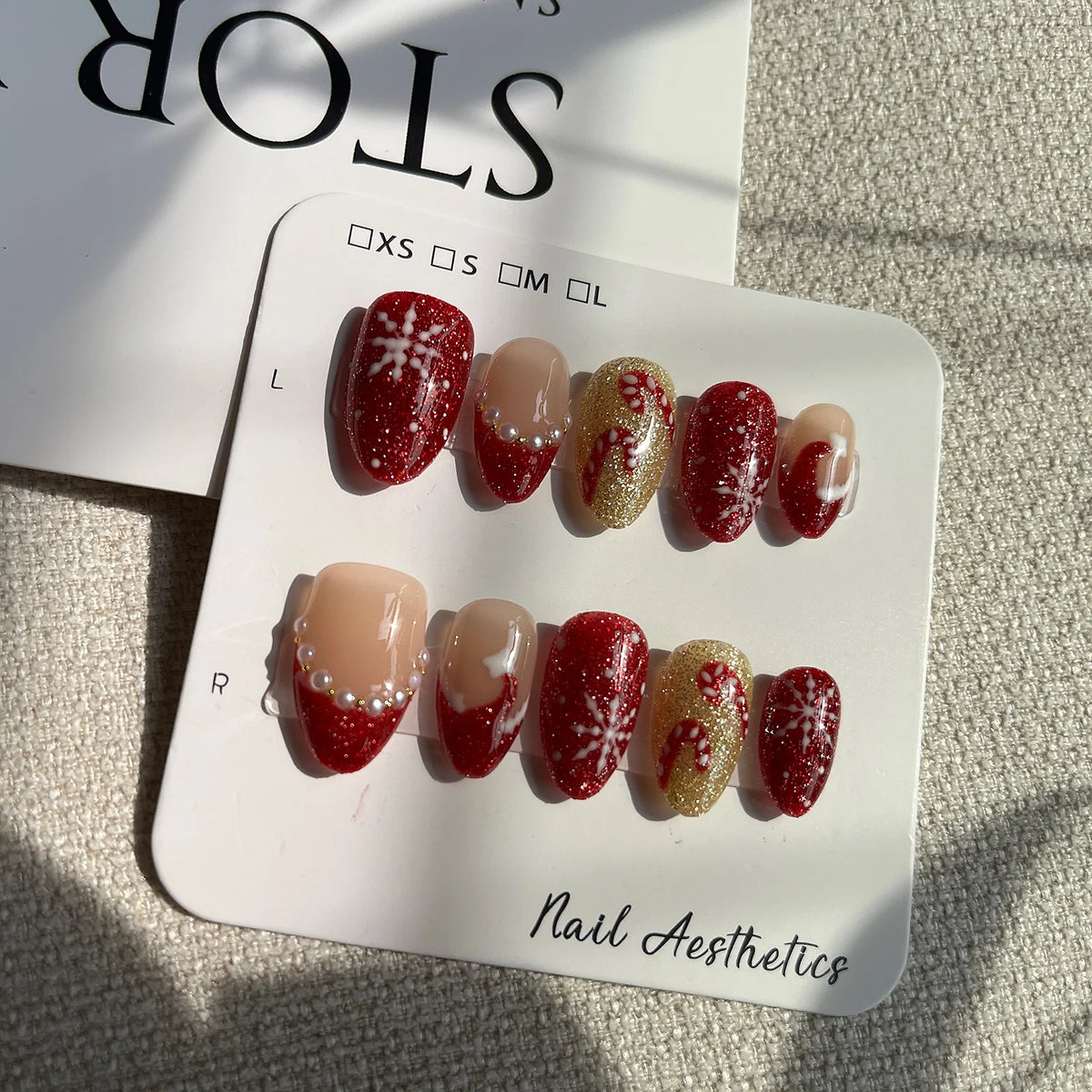 Hand Painted Christmas Fake Nails Short Almond Red Glitter Snowflake Candy Cane Pearl French Press On Nails Reusable  10 Pieces