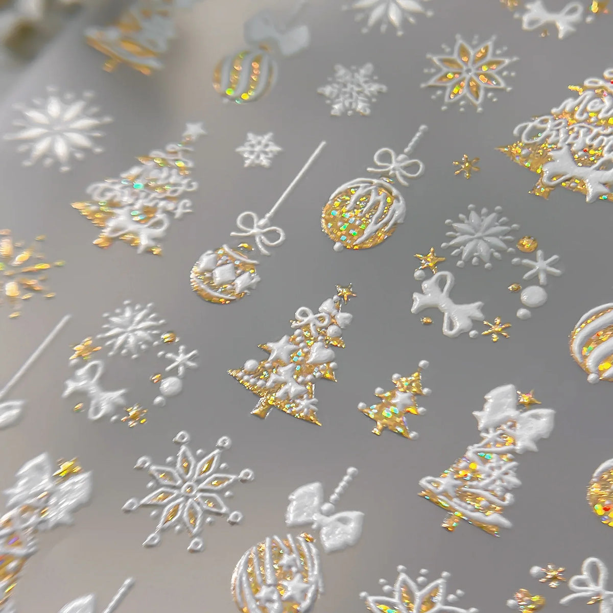Tender Blue Christmas Tree Hanging Ball Ribbon Gold Star Snowflakes Bowknot Ring Adhesive Nail Charms Art Sticker Manicure Decal